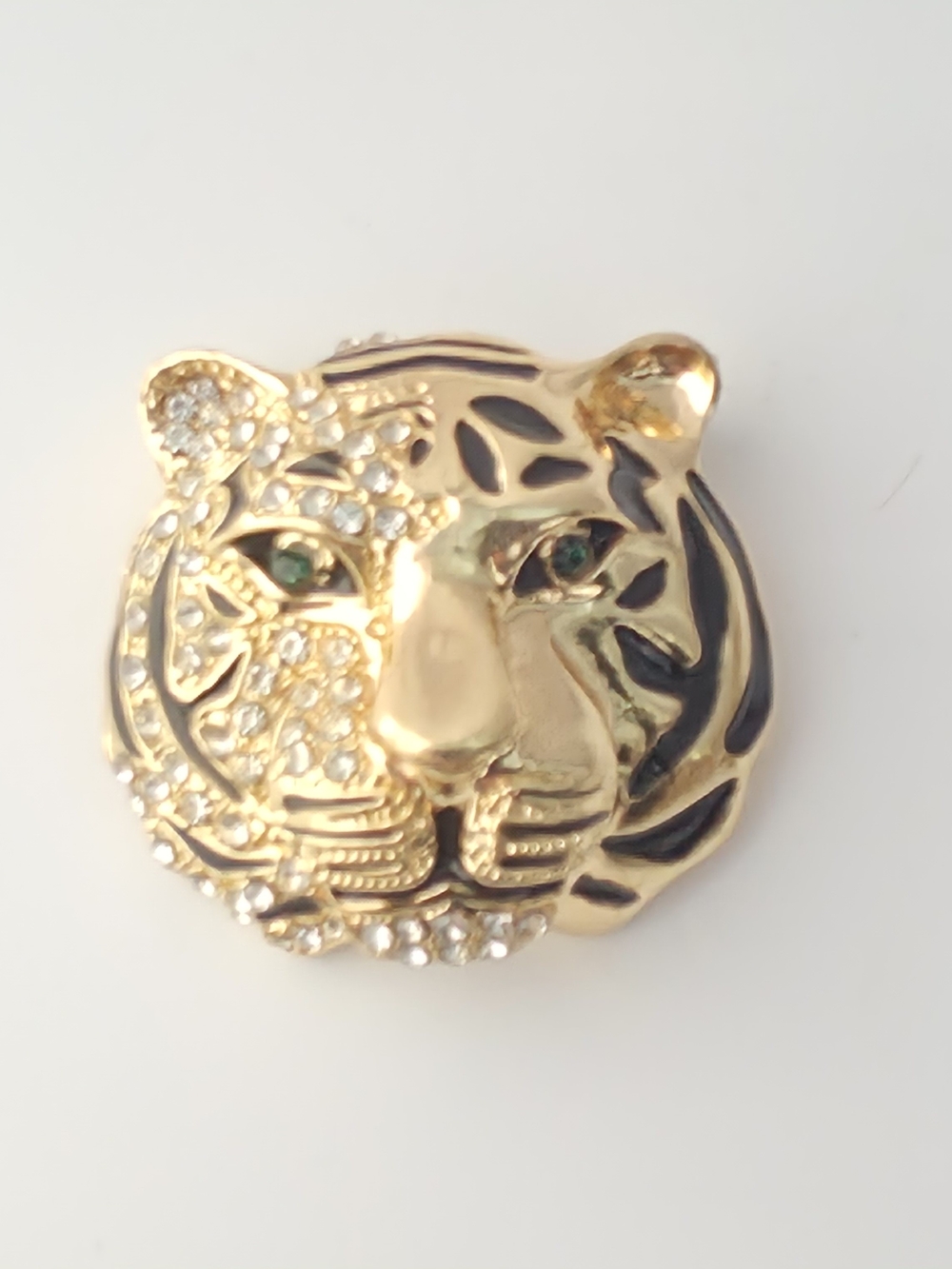 Show Strength With Tiger Head Brooch with Crystal Accents Black Enamel 1.25"
